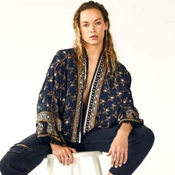 Free People Ray of Light kimono jacket fringe sequin boho XS oversized black - Picture 1 of 12